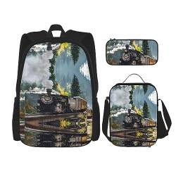 PartyUnix Robuster und leichter Taschen-Rucksack, Umhängetasche, Lunch-Tasche, Stifttaschenset – verstellbarer Schultergurt, Dampfzug-Druck, Schwarz , Einheitsgröße von PartyUnix