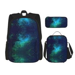 PartyUnix Robuster und leichter Taschen-Rucksack, Umhängetasche, Lunchtasche, Stifttasche-Set – verstellbarer Schultergurt, Galaxie-Grün-Druck, Schwarz , Einheitsgröße von PartyUnix