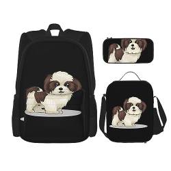 PartyUnix Robuster und leichter Taschenrucksack, Umhängetasche, Lunch-Tasche, Stifttaschenset – verstellbarer Schultergurt, Shih Tzu Hunde-Aufdruck, Schwarz , Einheitsgröße von PartyUnix