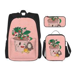 PartyUnix Robuster und leichter Taschenrucksack, Umhängetasche, Lunch-Tasche, Stifttaschenset – verstellbarer Schultergurt, Sonnenblumenkerne und Erdbeeren-Druck, Schwarz , Einheitsgröße von PartyUnix