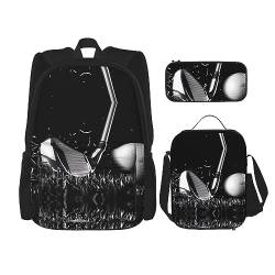 PartyUnix Robuster und modischer Taschen-Rucksack, Umhängetasche, Lunch-Tasche, Stifttaschenset – leichte Oxford-Stoffe, schwarz-weiß, Golf-Druck, Schwarz , Einheitsgröße von PartyUnix