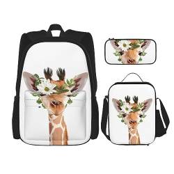 Robuster und leichter Taschen-Rucksack, Umhängetasche, Lunch-Tasche, Stifttaschenset – verstellbarer Schultergurt, Giraffenbild, Schwarz , Einheitsgröße von PartyUnix