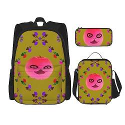 Robuster und leichter Taschen-Rucksack, Umhängetasche, Lunch-Tasche, Stifttaschenset – verstellbarer Schultergurt, lustiges Gesicht, Apfelmuster, Schwarz , Einheitsgröße von PartyUnix