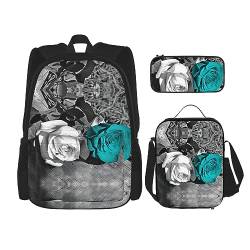 Robuster und leichter Taschen-Rucksack, Umhängetasche, Lunch-Tasche, Stifttaschenset – verstellbarer Schultergurt, schwarz, weiß, blaugrün, grau, Rosenmuster, Schwarz , Einheitsgröße von PartyUnix