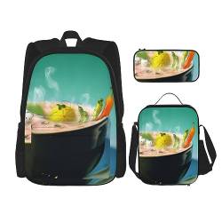 Robuster und leichter Taschenrucksack, Crossbody-Lunch-Tasche, Stifttaschen-Set – verstellbarer Schultergurt, Obst- und Gemüsemuster, Schwarz , Einheitsgröße von PartyUnix