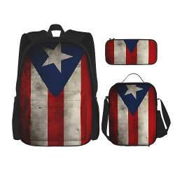 Robuster und leichter Taschenrucksack, Umhängetasche, Lunch-Tasche, Stifttaschenset – verstellbarer Schultergurt, Puerto Rico-Tapete, Flaggendruck, Schwarz , Einheitsgröße von PartyUnix