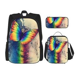 Robuster und leichter Taschenrucksack, Umhängetasche, Lunch-Tasche, Stifttaschenset – verstellbarer Schultergurt, Regenbogen-Schmetterlingsbild, Schwarz , Einheitsgröße von PartyUnix