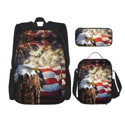 Robuster und leichter Taschenrucksack, Umhängetasche, Lunch-Tasche, Stifttaschenset – verstellbarer Schultergurt, amerikanische Flagge, Feuer-Adler-Drucke, Schwarz , Einheitsgröße von PartyUnix