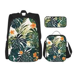 Robuster und leichter Taschenrucksack, Umhängetasche, Lunch-Tasche, Stifttaschenset – verstellbarer Schultergurt, tropische Sommer-Hawaii-Blumen, Palmenblätter, Drucke, Schwarz , Einheitsgröße von PartyUnix