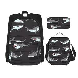 Robuster und modischer Taschen-Rucksack, Umhängetasche, Lunch-Tasche, Stifttaschen-Set – leichtes Oxford-Gewebe, Fisch-Drucke, Schwarz , Einheitsgröße von PartyUnix