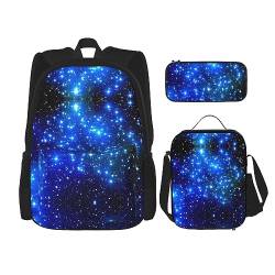 Robuster und modischer Taschen-Rucksack, Umhängetasche, Lunch-Tasche, Stifttaschenset – leichte Oxford-Stoffe, blau glänzende Sterne, Schwarz , Einheitsgröße von PartyUnix