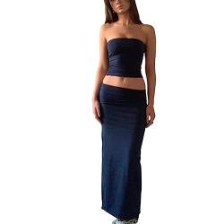 Vintage Spitze Maxirock Set Frauen 2 Stück Outfit Trägerlos Split Tube Top und Maxi Rock Set Sommer Ausgehen Streetwear, Rohr-schwarz, Mittel von Passec