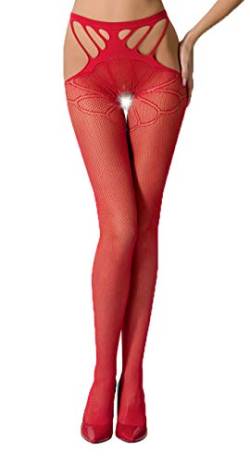 Damen Dessous ouvert Strumpfhose rot elastisch im Schritt offen transparent gemustert rot von Passion Dessous