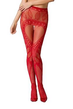 Frauen Dessous Strumpfhose erotisch ouvert transparent mit Muster im Schritt offen elastisch rot von Passion Dessous