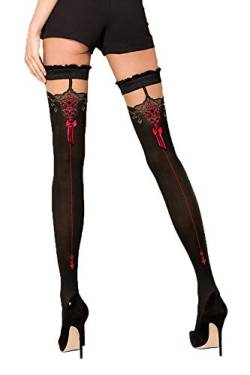 Halterlose Damen Dessous Strümpfe Stockings Strapsstrümpfe in schwarz rot mit Spitze 60/20den 3/4 von Passion Dessous