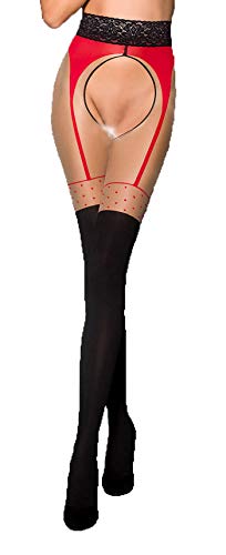 Rot schwarze Damen Dessous ouvert Strumpfhose elastisch transparent im Schritt offen mit Straps Muster 1/2 von Passion Dessous