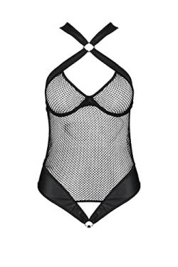 Transparenter schwarzer Damen Dessous Body aus Netz und Kunstleder Stringbody mit Hakenverschluss S/M von Passion Dessous