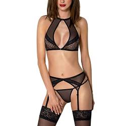 Passion Dame Reizwäsche Set 3-Teilig Dessous Sexy Verführerisch Netz Gemustert Satara, Schwarz,XXL-3XL von Passion