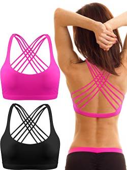 2 Packungen Damen Gepolstert Sport BH Kreuz Rücken BH Workout Riemchen BH Nahtlose Bequeme Yoga BH (L, Schwarz und Rose Rot) von Patelai