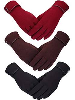 3 Paar Damen Winter Handschuhe Warmer Handschuhe Winddicht Plüsch Handschuhe für Damen Mädchen Winter Verwendung (Schwarz, Weinrot, Braun) von Patelai