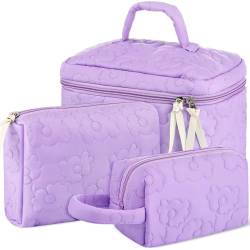 Paterr Gesteppte Make-up-Tasche aus Baumwolle, 3-teilig, Kokette, Kosmetiktasche, ästhetische Reise-Kulturbeutel, niedlicher Beutel, Kawaii-Ästhetik, für Damen, Violette Blume von Paterr