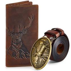 Paterr Herren Geschenkset mit Hirsch Lange Billfold Rodeo Western Geldbörse Cowboy Schnallen Gravur Leder Gürtel Locher Zubehör Set Hirsch Jagd Geschenke Set mit Geschenkbox für Freund Ehemann Papa, von Paterr