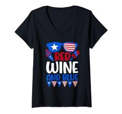 Damen Rotwein und Blau T-Shirt mit V-Ausschnitt von Patriotic Flag Pride USA 4th of July Party