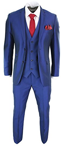 Paul Andrew Herrenanzug 3 Teilig Blau Glänzend Tailored Fit Hochzeit Party Abschlussball von Paul Andrew