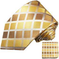 Krawatten Set 2tlg gold braun kariert 100% Seidenkrawatte (extra lang 165cm) + Einstecktuch von Paul Malone