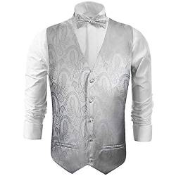 Paul Malone Hochzeitsweste mit Fliege Silber Paisley - Herren Hochzeit Weste Gr. 46/48 XS von Paul Malone