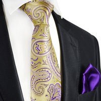 Paul Malone Krawatte 7-Fold Seidenkrawatte Schlips modern elegant 100% Seide paisley (Set, 2-St., mit Einstecktuch) gelb gold lila violett S14111-23 von Paul Malone