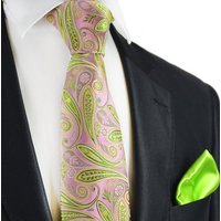 Paul Malone Krawatte 7-Fold Seidenkrawatte Schlips modern elegant 100% Seide paisley (Set, 2-St., mit Einstecktuch) rosa hellgrün grün S14113-30 von Paul Malone