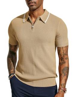 Männer T-Shirt Kurzarm Slim Fit Sport Strick Polo Lässig Atmungsaktiv mit Reißverschluss XL Dunkelbeige 572S24-5 von PaulJones