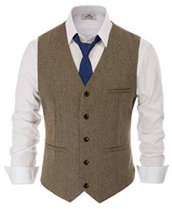 PaulJones Herren-Westen Elegant Tweed Weste Herren Anzug Ärmellose V Ausschnitt XXL Braun 186-2 von PaulJones