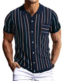 Polohemd für Herren mit Rverskragen Vintage Streifen Tshirt Golf-Shirt Poloshirt 70s Golf Polo XXL Dunkelblau 612S24-2 von PaulJones