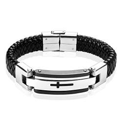 Paula & Fritz® Armband Herren Kunst-Leder Schwarz Kreuz Silber 220-mm Lang 7-mm Breit Edelstahl Männer Damenarmband Armschmuck Geflochten von Paula & Fritz