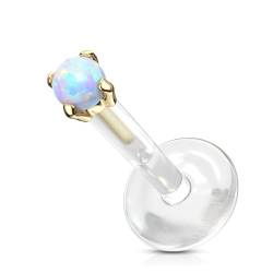 Paula & Fritz® Push-In Labret Piercing Gelbgold 14 Karat Echt-Gold Synthetischer Opal 3-mm Weiß 1,2-mm Stärke 8-mm Länge Madonna Medusa Stud Bio-Flex von Paula & Fritz