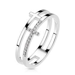 Paula & Fritz® Ring Damen Doppel-Ring Kreuz Silber Zirkonia Klar 316L Chirurgenstahl Größe 52 (16,6) 8-mm Breit Herrenring Partnerring Ehering Religion von Paula & Fritz