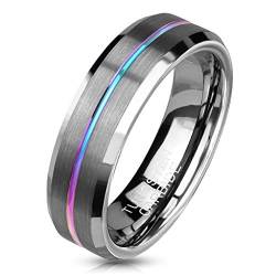 Paula & Fritz® Ring Damen Wolframcarbid Gebürstet Gr. 59 (18,8) Silber-Regenbogen 6-mm Breit Herren-Ring Partnerring Damenring Verlobungsring Ehering von Paula & Fritz