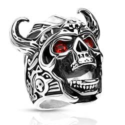 Paula & Fritz® Ring Herren Vikinger-Schädel Zirkonia Rot 316L Chirurgenstahl Größe 70 (22,3) Silber Bikerring Motivring Damenring Totenkopf Partnerring von Paula & Fritz