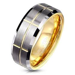 Paula & Fritz® Ring Herren Wolframcarbid Gebürstet Tiefe Rillen Gr. 67 (21,3) Gold-Silber 8-mm Breit Herren-Ring Partnerring Damenring Verlobungsring von Paula & Fritz