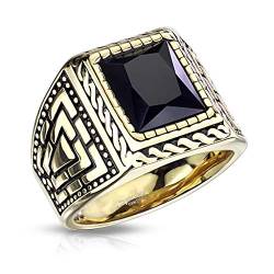 Paula & Fritz® Ring Herren facettenreicher Zirkonia schwarz 316L Chirurgenstahl Größe 70 (22,3) Gold-schwarz Herrenring Damenring Ehering Siegelring von Paula & Fritz