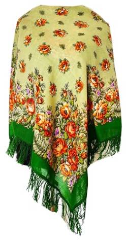 Original Damen Russischer Pawlow Pavlovo Posad Schal Grün Tuch Umschlagtuch mit Wollenfransen 100% Wolle, mit Paisley und Blumen 89cm x 89cm von Pavlovo Posad Shawl Manufactory