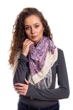 Original Damen Russischer Pawlow Pavlovo Posad Schal Tuch Umschlagtuch mit Seidenfransen 100% Wolle, mit Paisley und Blumen 89cm x 89cm Weiß mit Rosa von Pavlovo Posad Shawl Manufactory