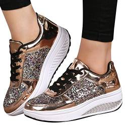 Damen Sportschuhe Weiss Sportschuhe Dicke Sohlen Pailletten Flache Schuhe Glitzer Keilabsatz Schnürschuhe Jogging Hoch Freizeitschuhe Frauen rutschfest Laufschuhe Gym Sneaker von Pdakieyxnd