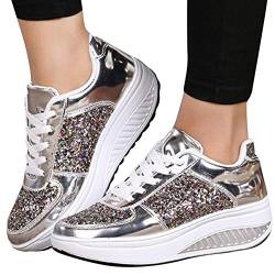 Damen Sportschuhe Weiss Sportschuhe Dicke Sohlen Pailletten Flache Schuhe Glitzer Keilabsatz Schnürschuhe Jogging Hoch Freizeitschuhe Frauen rutschfest Laufschuhe Gym Sneaker von Pdakieyxnd