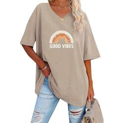 Damen T-Shirt Halbarm Baumwolle Oversize Shirts mit Rundhals - Sommer Basic Tee Shirt mit Good Druck, Lockere Große Größen Kurzarm Oberteile Elegant Lässig Lose Top Tshirts Khaki von Pdakieyxnd