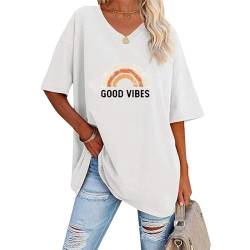 Damen T-Shirt Halbarm Baumwolle Oversize Shirts mit Rundhals - Sommer Basic Tee Shirt mit Good Druck, Lockere Große Größen Kurzarm Oberteile Elegant Lässig Lose Top Tshirts Weiß von Pdakieyxnd