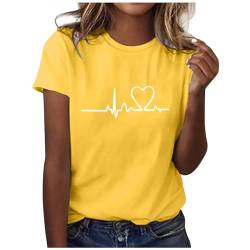 Damen Tshirt Locker Kurzarm Oberteile mit Rundhalsausschnitt - Liebesdruck Drucken Rundhals Bluse Tee Tops Freizeit T-Shirts Sportshirts Elegant Lose Basic Tshirts Gelb von Pdakieyxnd