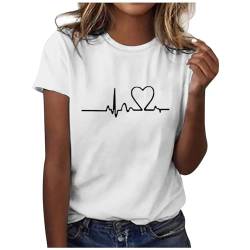 Damen Tshirt Locker Kurzarm Oberteile mit Rundhalsausschnitt - Liebesdruck Drucken Rundhals Bluse Tee Tops Freizeit T-Shirts Sportshirts Elegant Lose Basic Tshirts Weiß von Pdakieyxnd